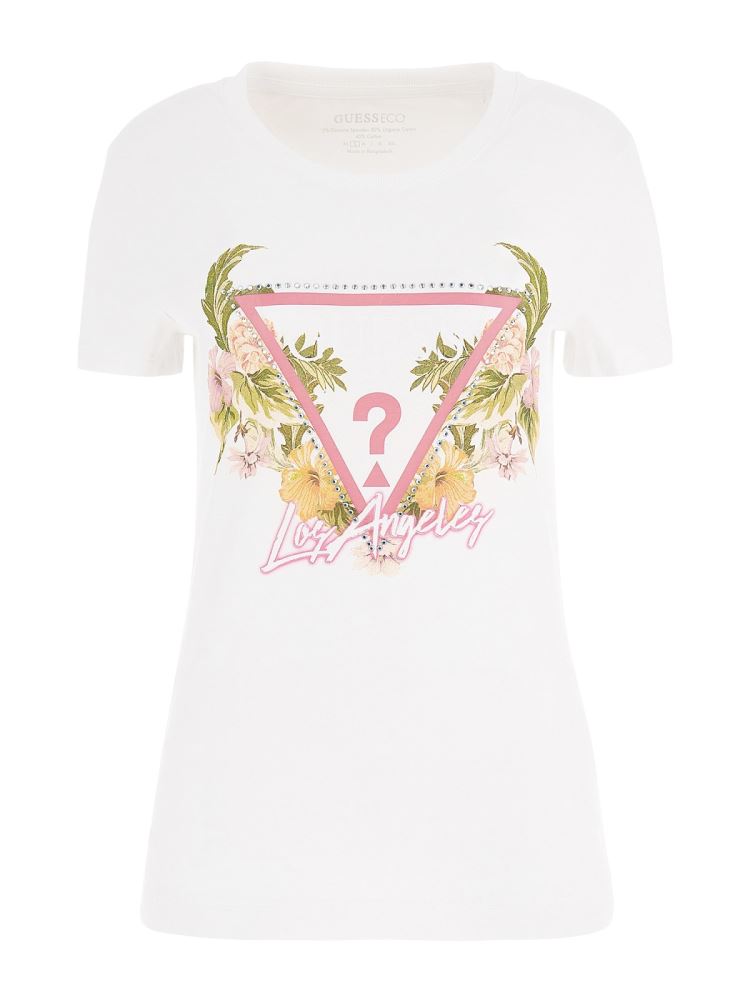 GUESS DONNA - SS CN TRIANGLE FLOWERS TEE - BIANCO