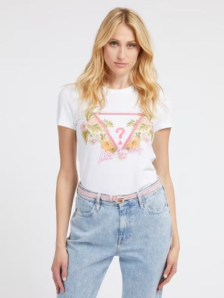 GUESS DONNA - SS CN TRIANGLE FLOWERS TEE - BIANCO