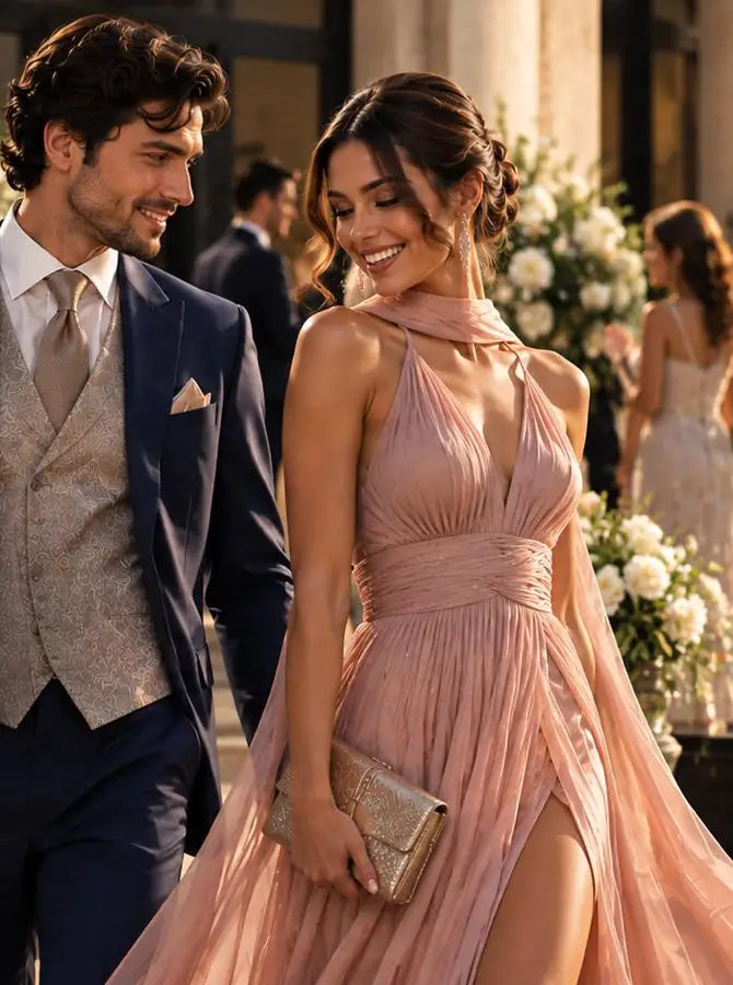Coppia elegante in abito da cerimonia e vestito rosa